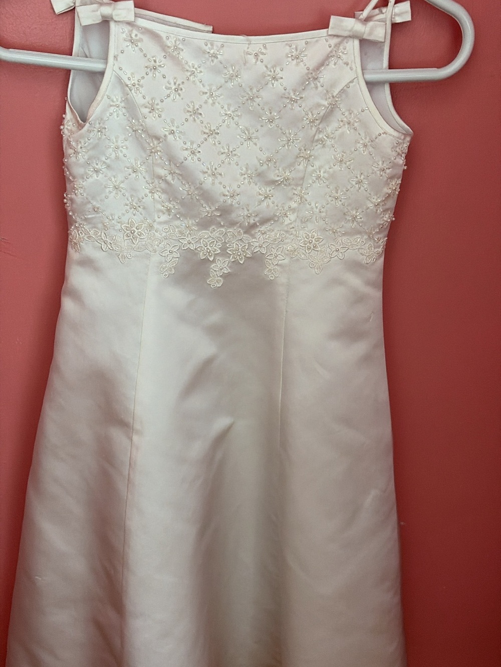Ivory Girls' Satin Dress with Floral Appliqué
